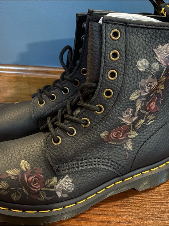 Dr. Martens Shoes - Dr. Martens Black Leather Lace-Up Boots with Rose Print Brand New 7